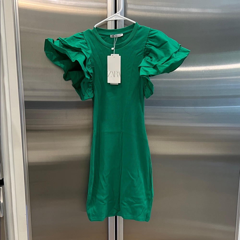 Zara Green Midi Dress with Ruffle Sleeves